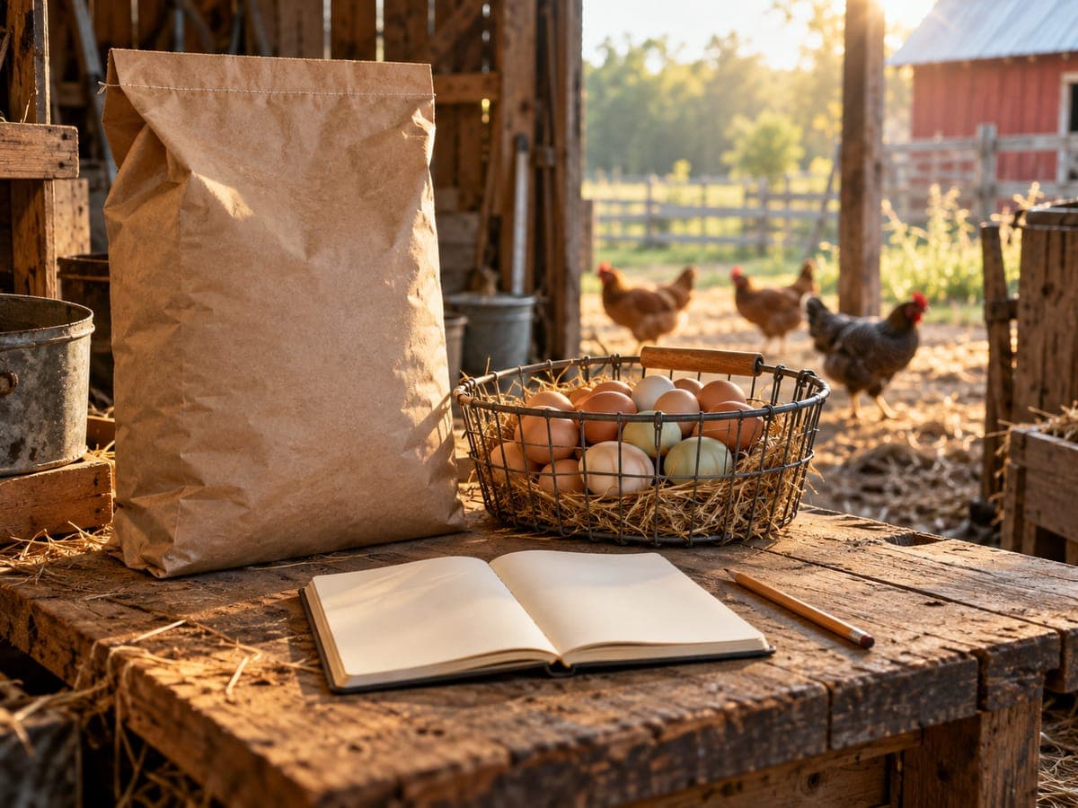 A feed sack, a basket of fresh eggs and an open notebook on a barn workbench, with hens behind