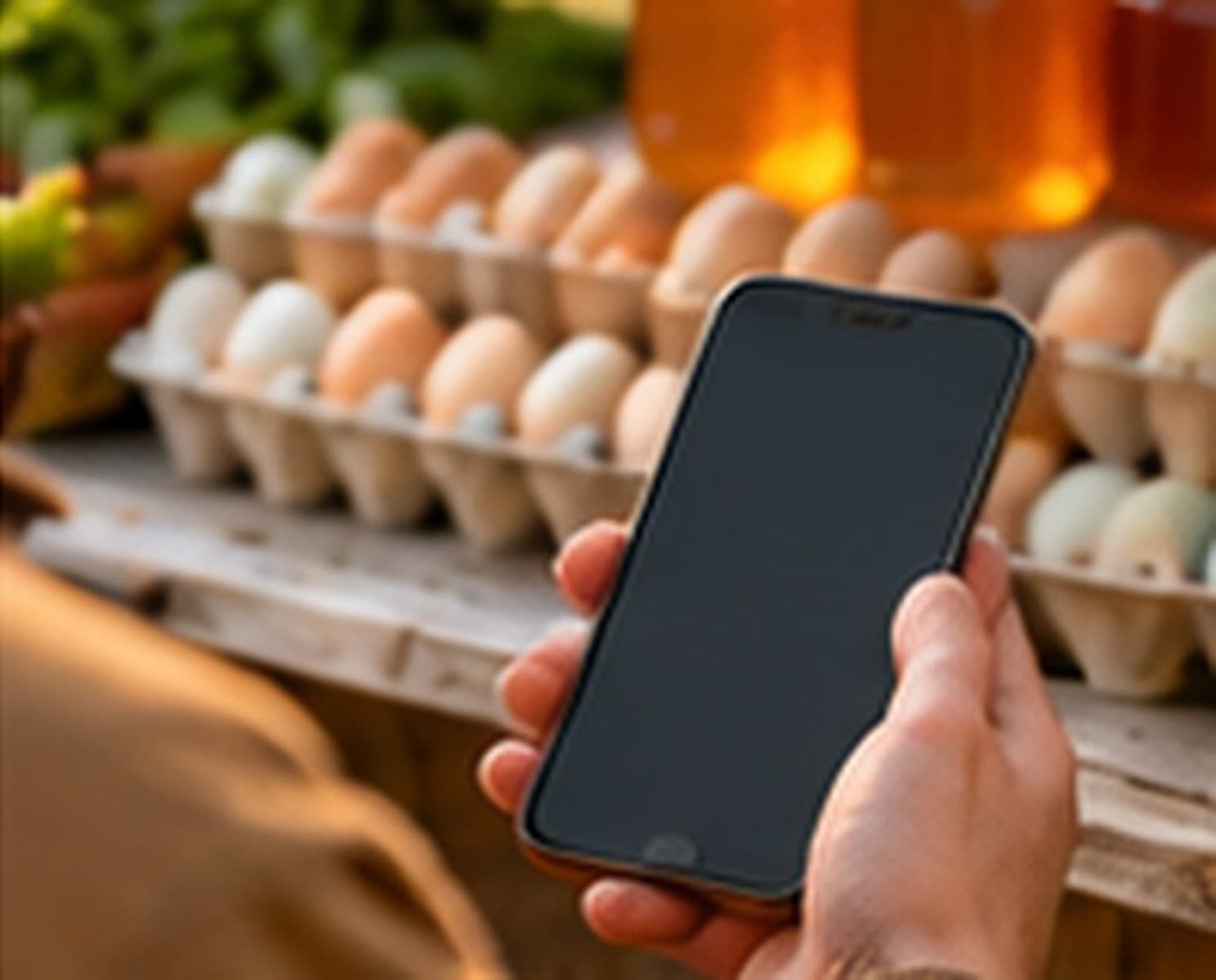 A farmer holding a phone at a farmstand stocked with eggs and honey