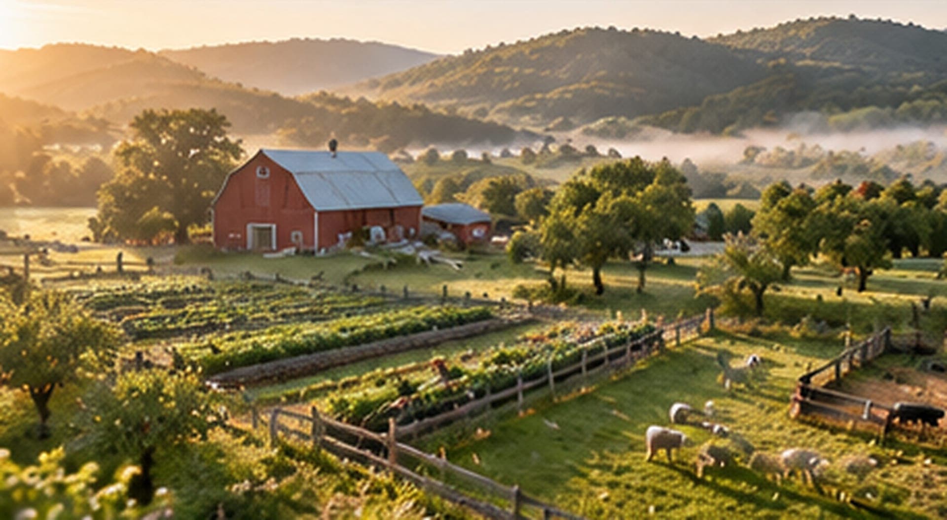 A diversified farm with a red barn, vegetable rows and sheep on pasture in a misty valley
