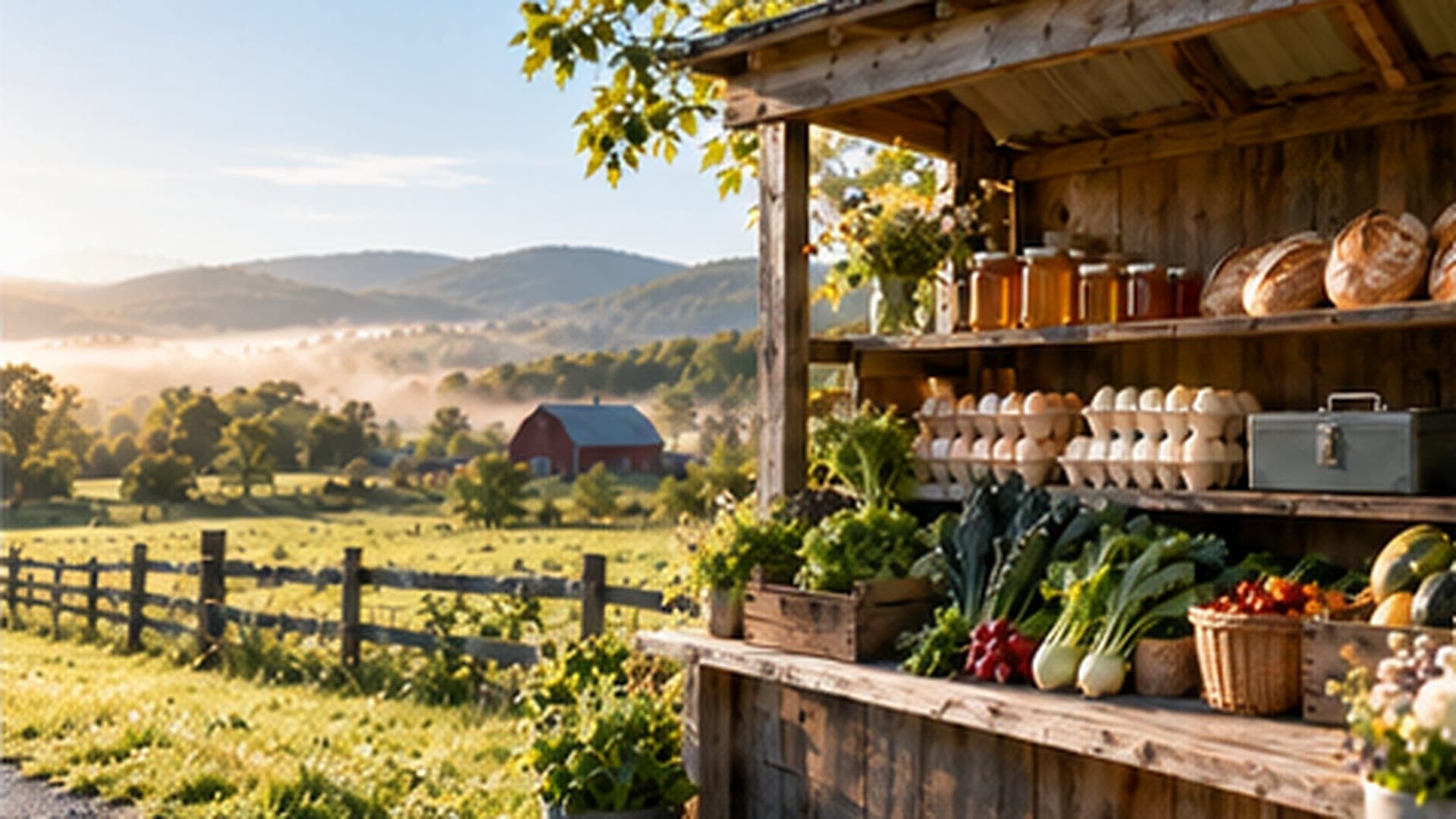 A wooden farmstand with eggs, honey, bread and vegetables at sunrise, with a red barn in the valley