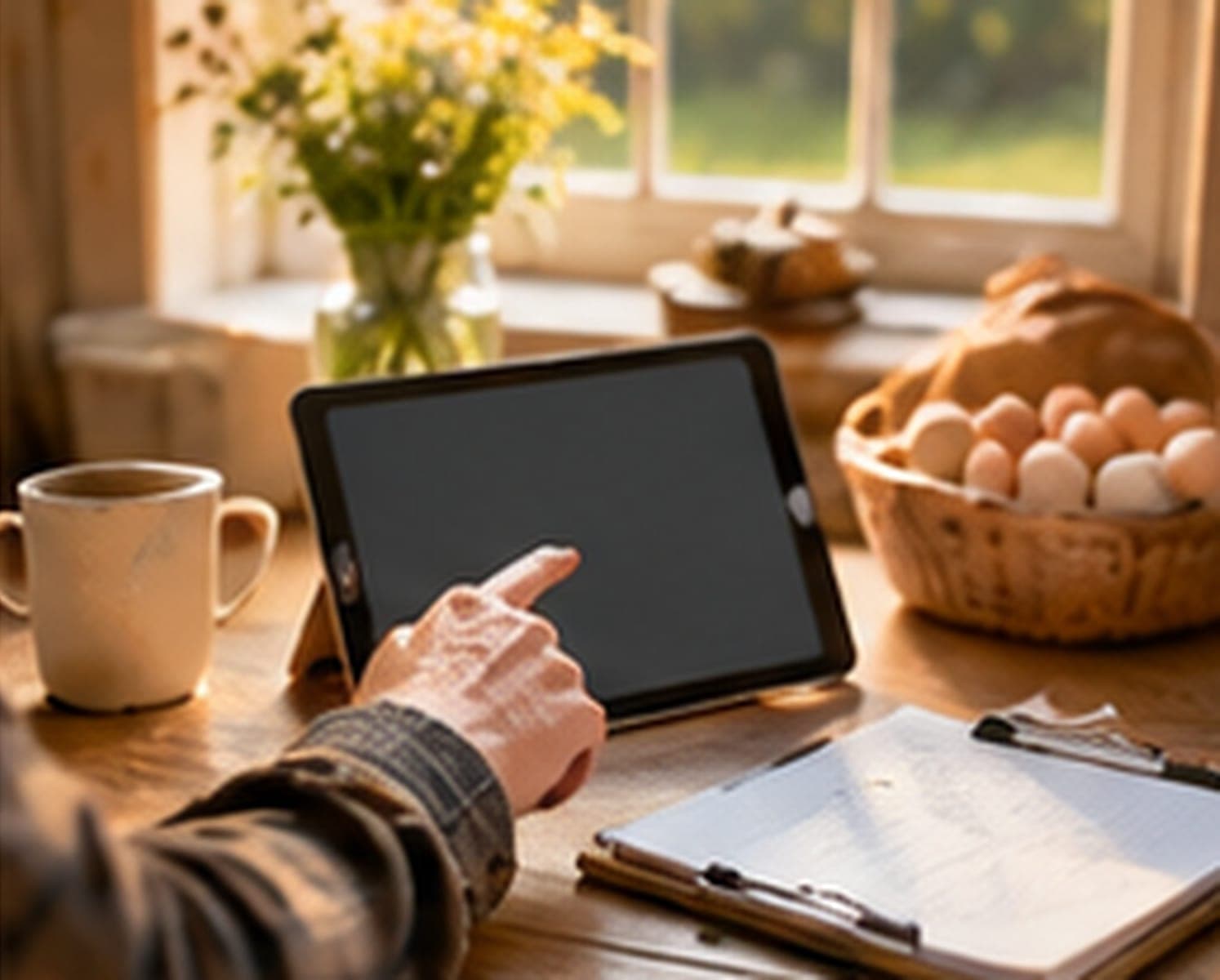 A farmer reviewing records on a tablet at a kitchen table with a clipboard and a basket of eggs