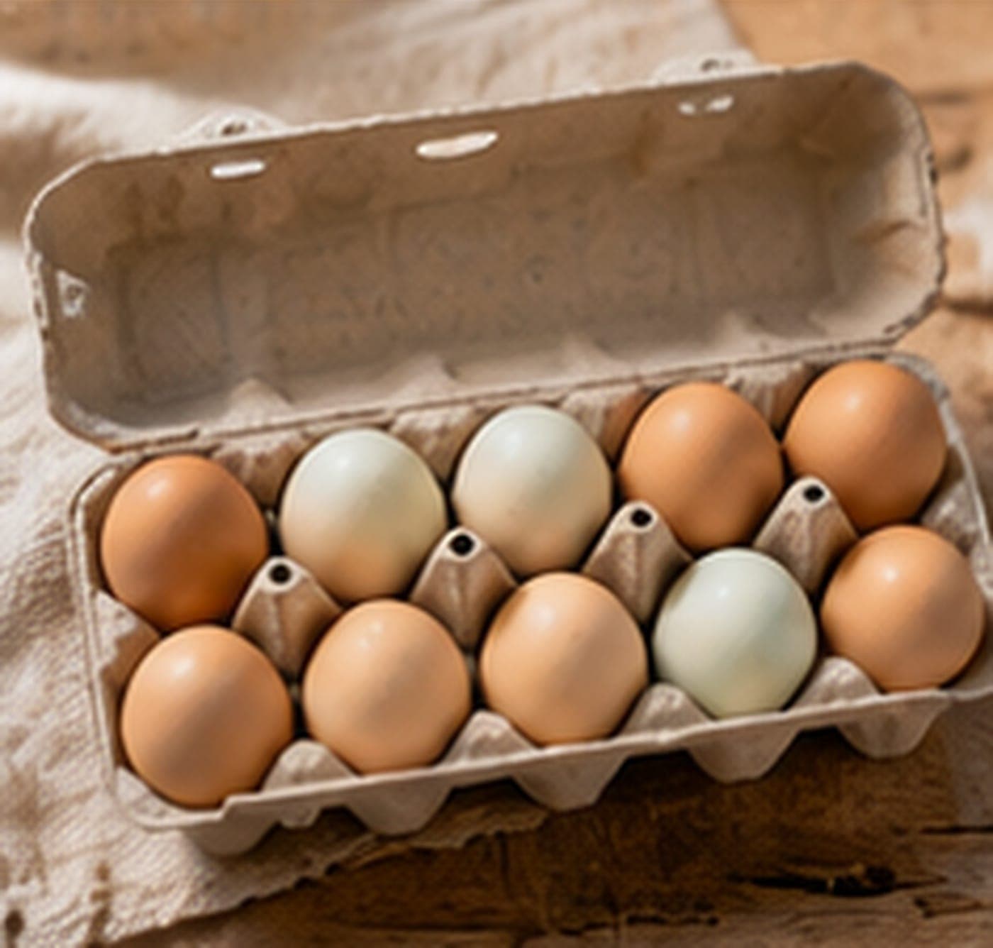 A carton of brown, cream and green eggs