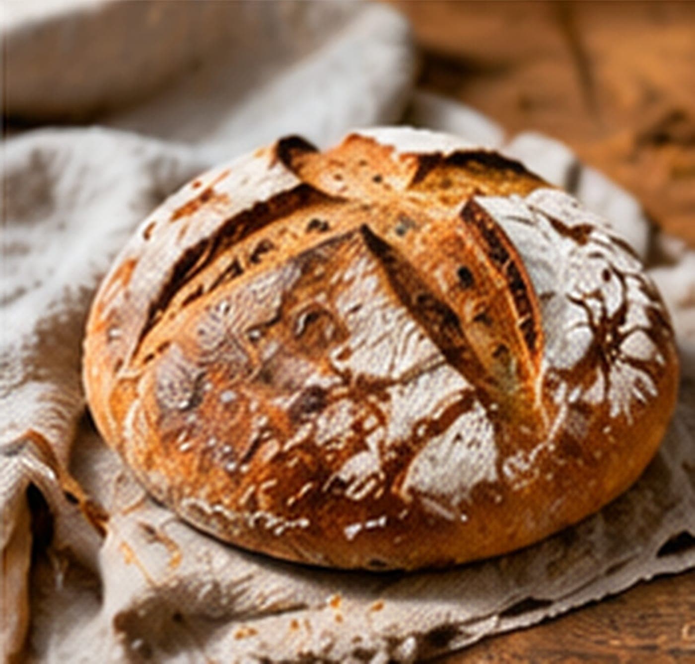 A round sourdough loaf on linen