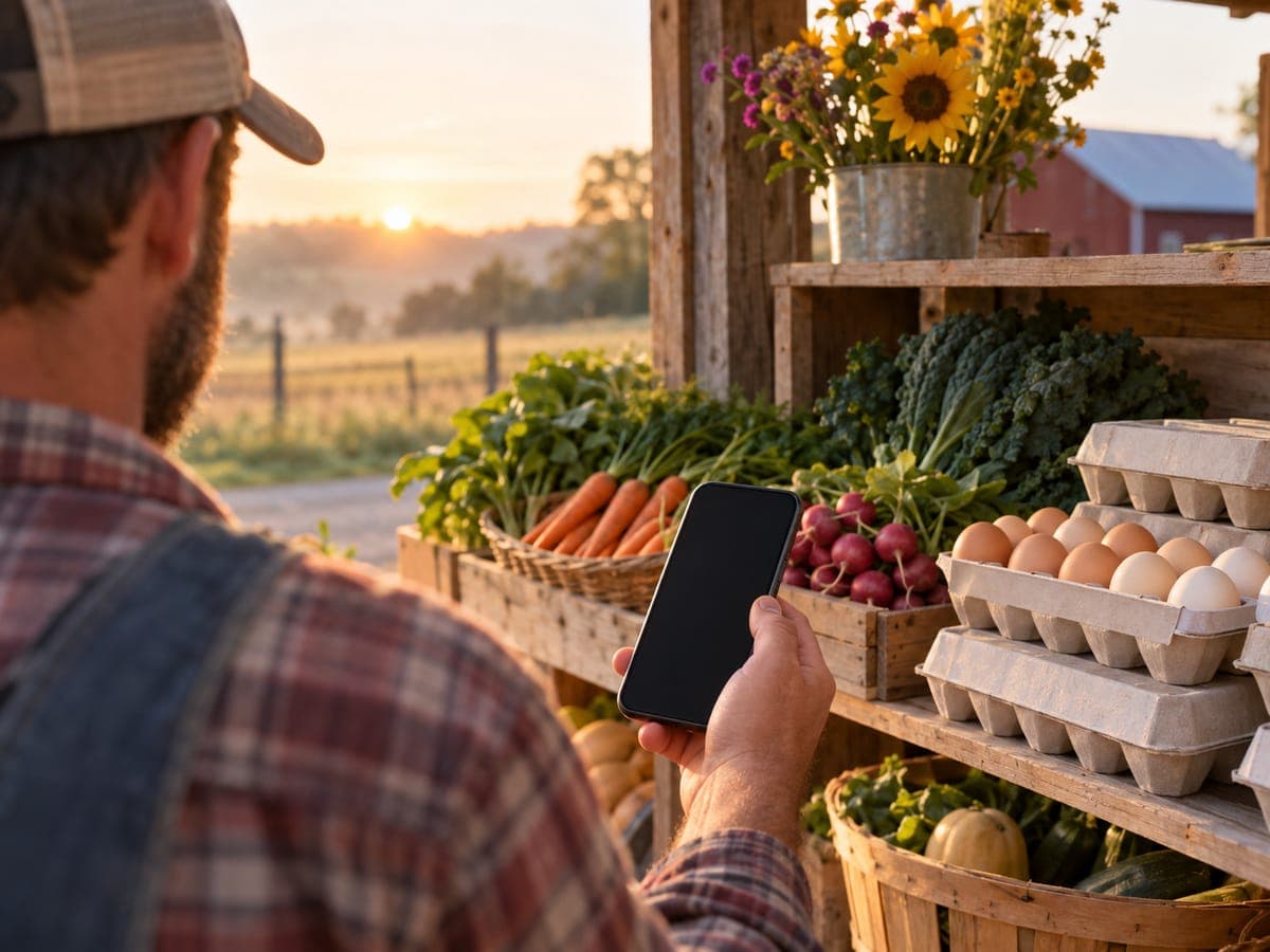A farmer holding a phone at a roadside farmstand stocked with eggs and vegetables at sunrise