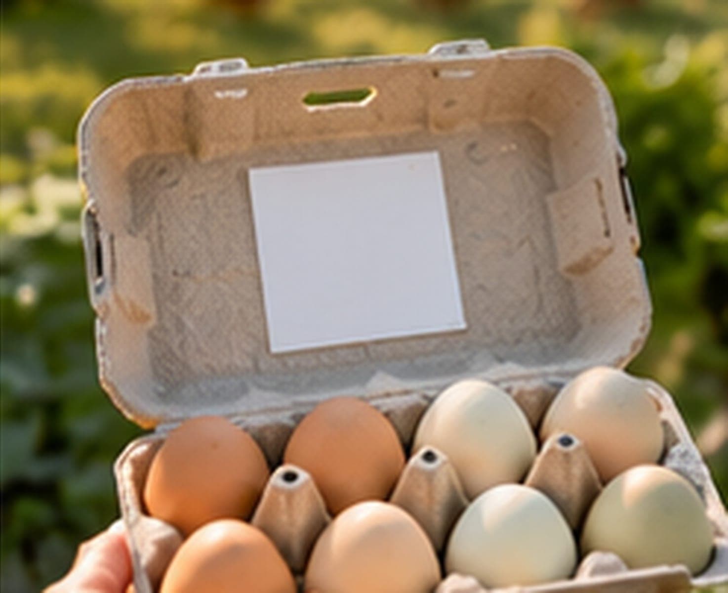 An open egg carton with a blank label, held in a green garden