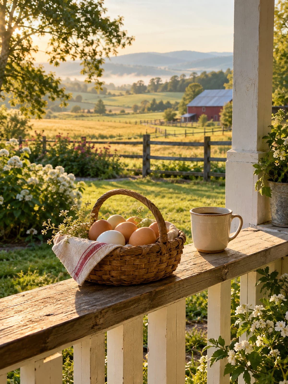 A farmhouse porch in morning light with a basket of eggs and a mug on the railing